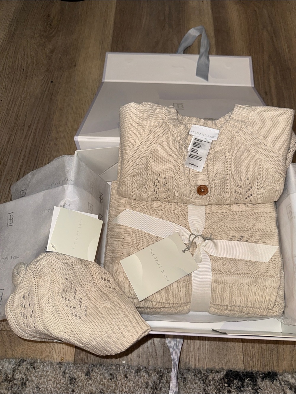 Elegant Baby Cream Knit Cardigan, Hat & Blanket Matching Set